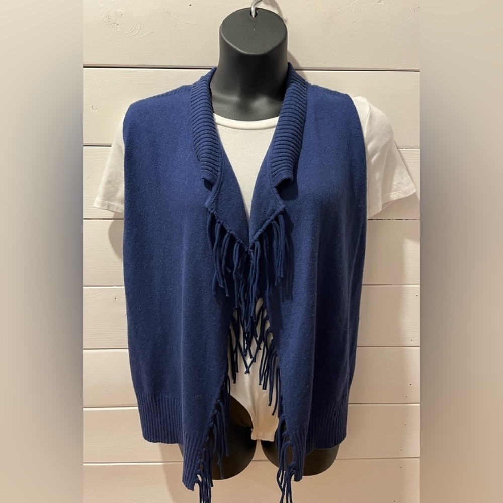 OLSEN Blue Sleeveless fringed vest, size m